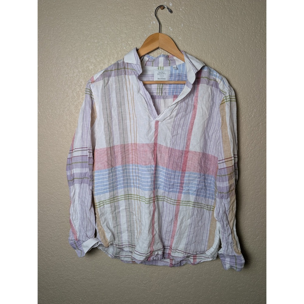 Baird McNutt Women's Large Murano Linen Plaid Pop Over Tunic Shirt Pastel L